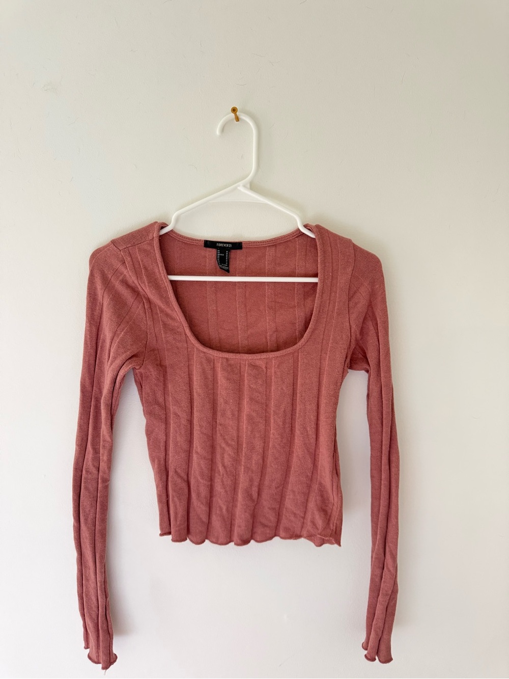 Forever 21 Dusty Rose Ribbed Scoop-Neck Long Sleeve Top